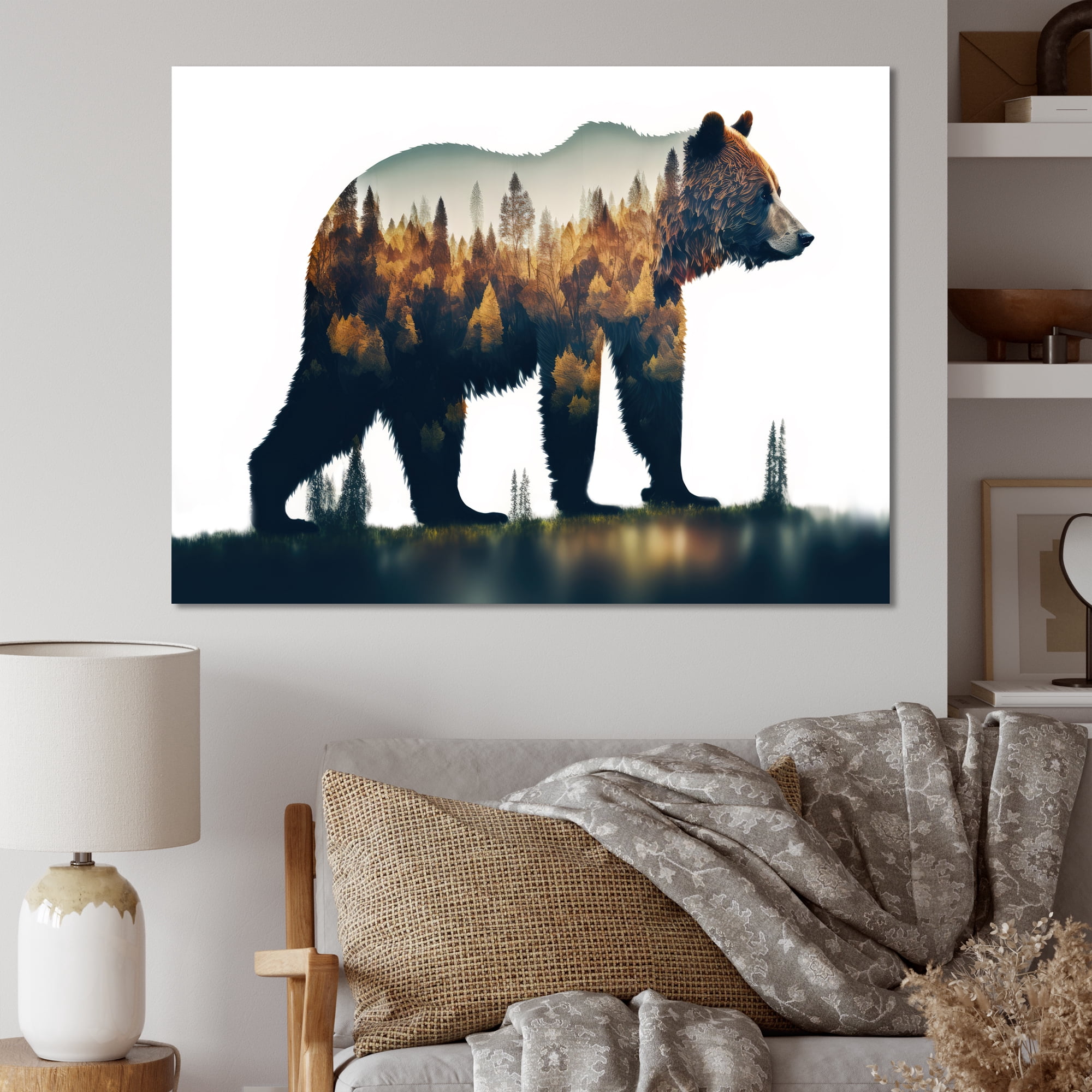Designart Double Exposure Of A Bear With Forest V Canvas Wall Art