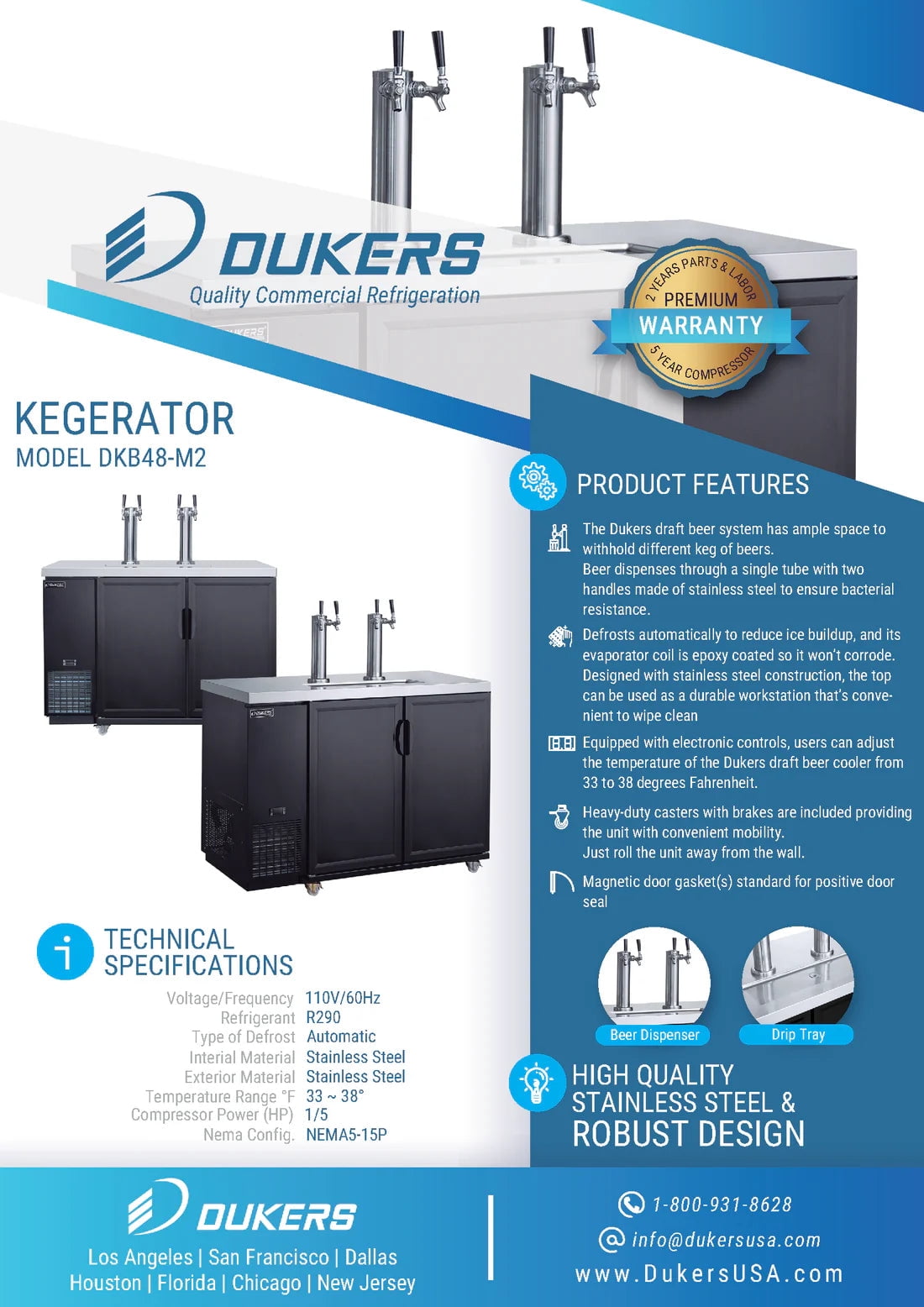 Dukers DKB48-M2 Dual Tap Kegerator Beer Dispenser