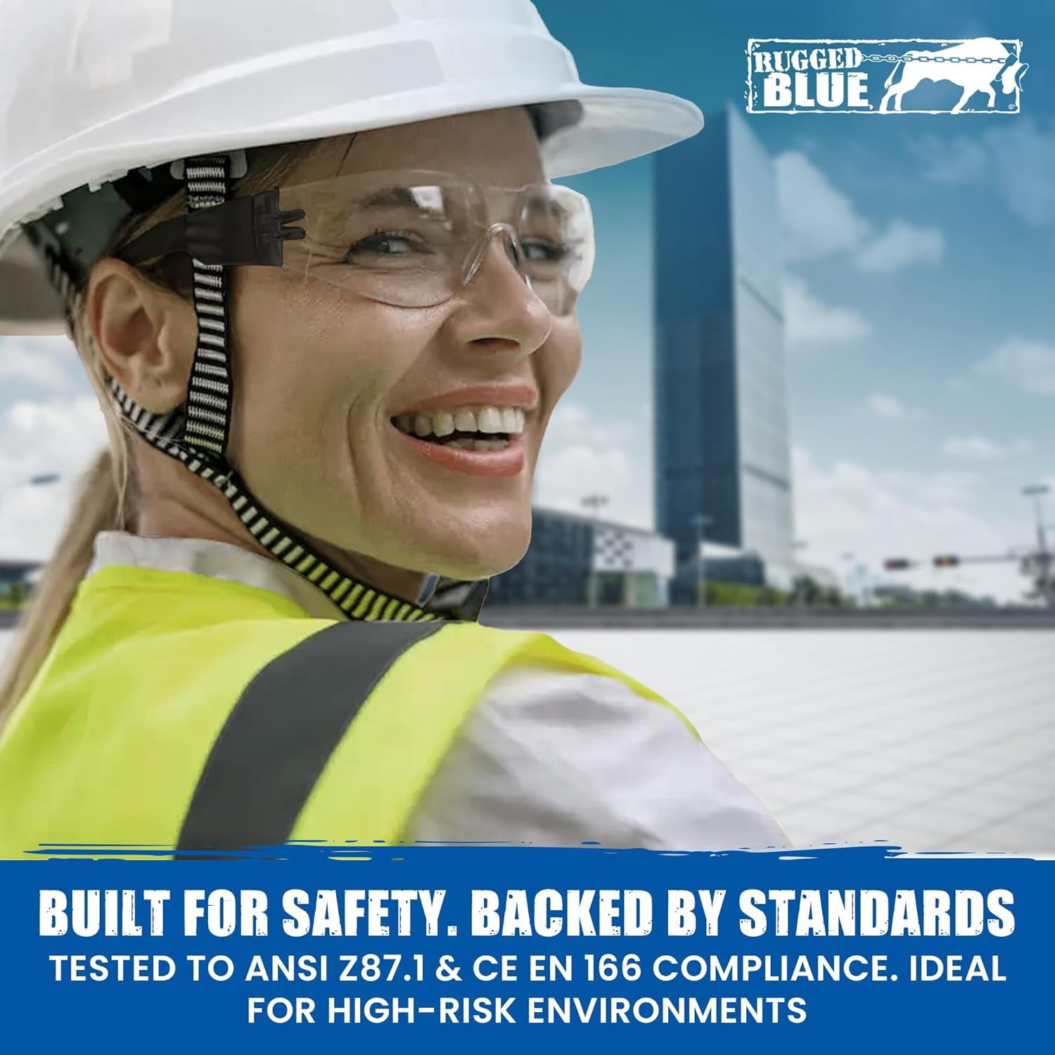 Rugged Blue Diablo Safety Glasses - Black Frame -12 Pack | Clear Lens Protective Eyewear | Lightweight Frameless Design | Scratch-Resistant Lens for Work Construction Lab and Industrial Use