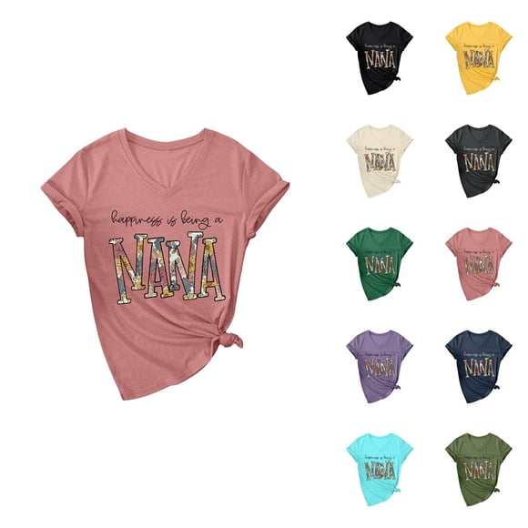 T-shirts pour Femmes « Hapiness Is Being A Nana » 2026 Été Décontracté Manches Courtes Col en V Mignon T-Shirts Graphiques Grand-Maman T-Shirt Fête des Mères