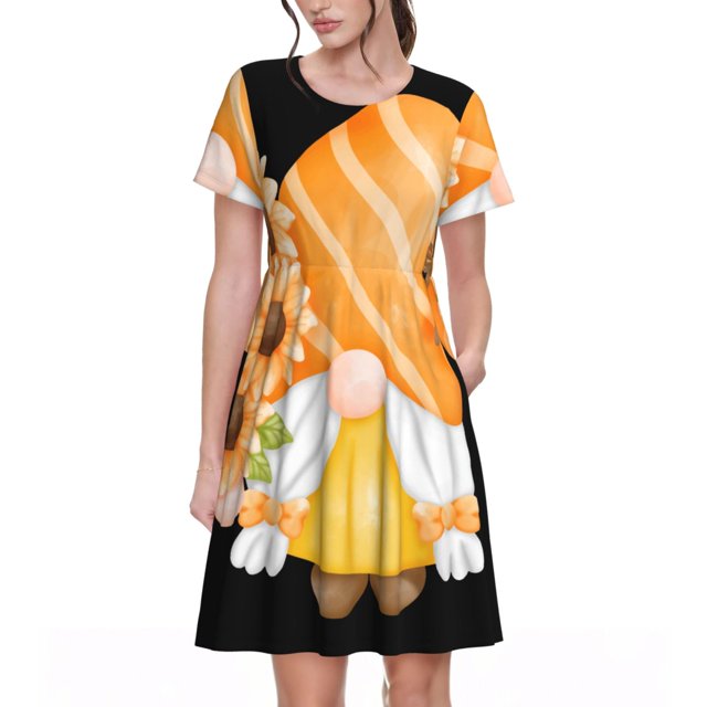 Disketp Sunflower Gnomes 2 para Vestido de Manga Corta para Mujeres, Vestidos de Verano para Mujeres, Casual y Holgado para la Playa