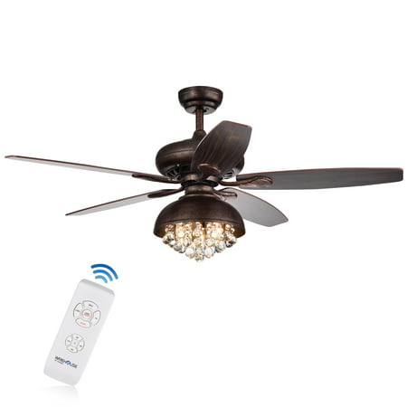 Fredix 5-Blade 52-Inch Speckled Bronze Ceiling Fan with Hooded Crystal Chandelier (Remote
