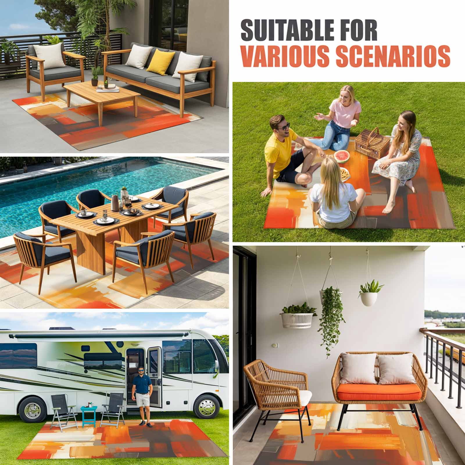 Burnt Orange Brown Outdoor Rug 4x6 Ft, Non Slip Washable Area Rug, Farmhouse Ombre Abstract Mottled Art Patio Rugs Carpet Runner, Large Floor Mat for Indoor/Outdoor Deck Porch Camping