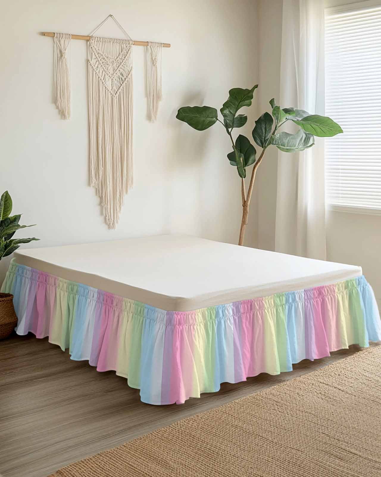 Rainbow Stripes Wrap Around Bed Skirts for Queen Bed 16" Drop,Bed Skirt with Adjustable Elastic Belt Dust Ruffle Bed Valance for Bedroom Hotel Modern Colorful Cream Striped Aesthetics Bed Frame Cover