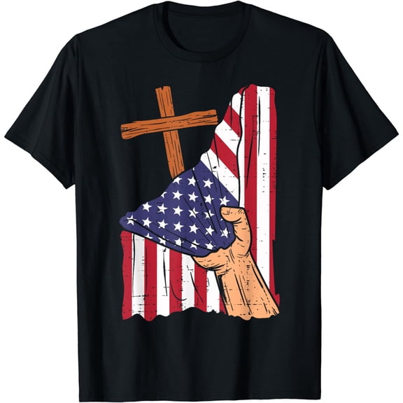 Cross Behind US Flag Religious God Jesus Patriotic Christian T-Shirt