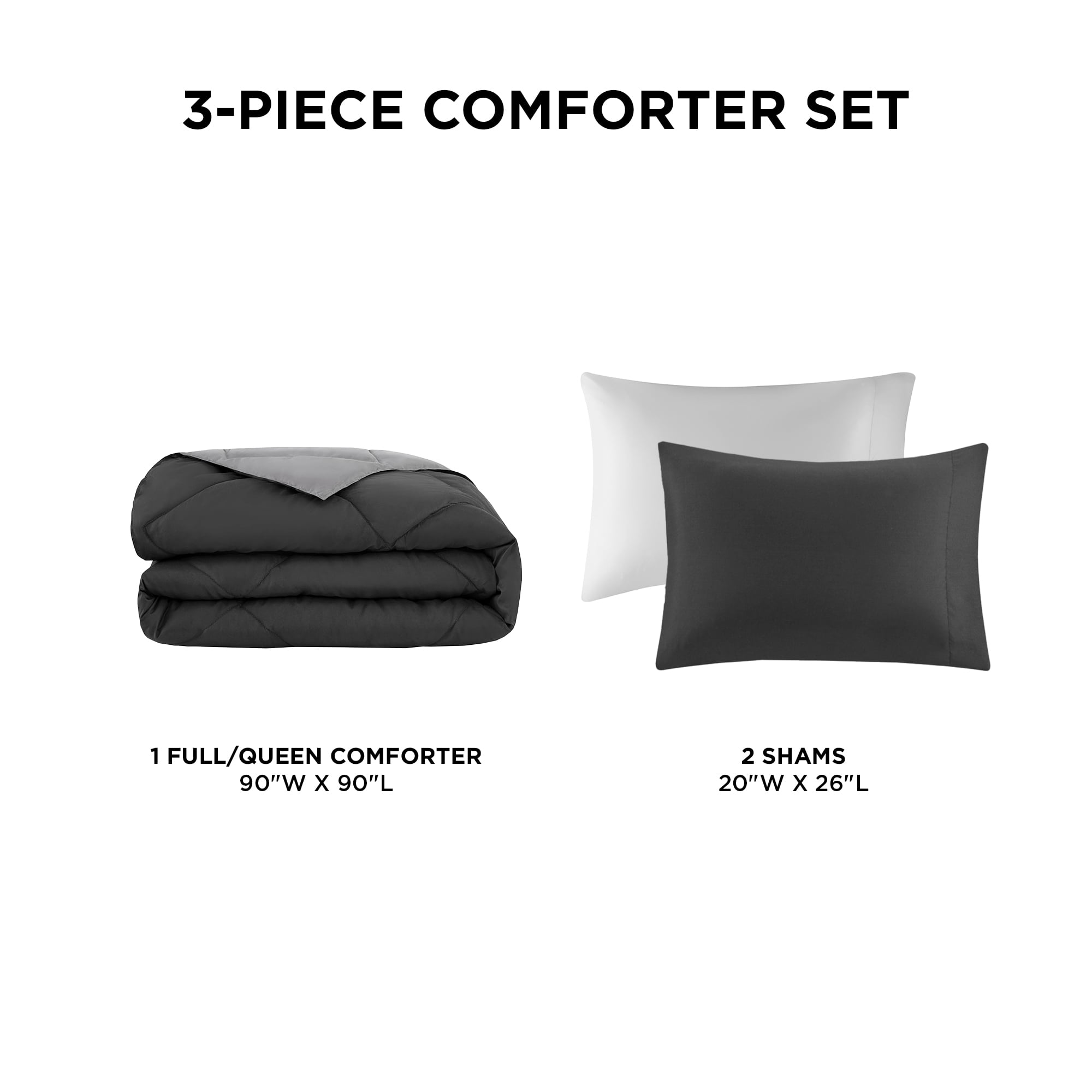 Comfort Spaces Full/Queen Size Comforter Sets, 3-Piece Reversible Bedding Set, Comforter Bed Set, Black/Grey