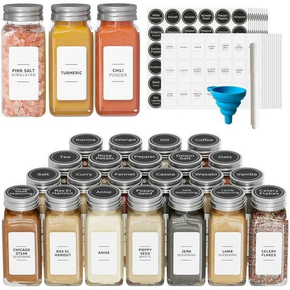 Tooloton 24 Pcs Spice Jars, 374 Spice labels, 386 Round Labels, 1 Collapsible Funnel and 1 Pen