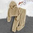 thumbnail image 2 of Jinhomg Womens Fuzzy Pajamas Set 2 Piece Winter Warm Sleepwear Soft Cozy Long Sleeve Cropped Hoodies and Pants Sales Today Clearance Khaki S, 2 of 5