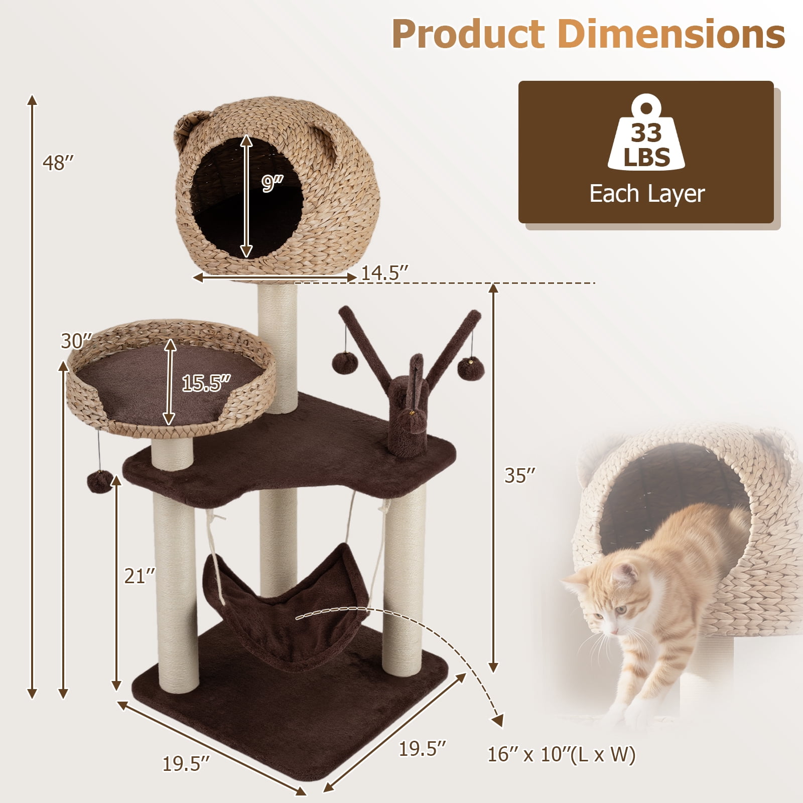 Costway Modern Cat Tree Tower with Natural Sisal Scratching Posts Hammock Balls for Kittens Brown