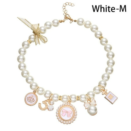 Pet Products Cat Jewelry Cat Supplies Puppy Accessories Pet Pearl Collar Bow Necklace Dog Cat Princess Adjustable WHITE M
