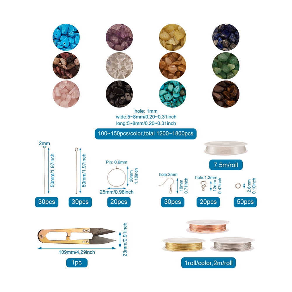 DIY Earring Making Kits inlcude Gemstone Chip Bead Copper Wire Elastic Crystal Thread Brass Earring Steel Scissors Mixed Color 5~8x5~8mm Hole: 1mm 180g/set