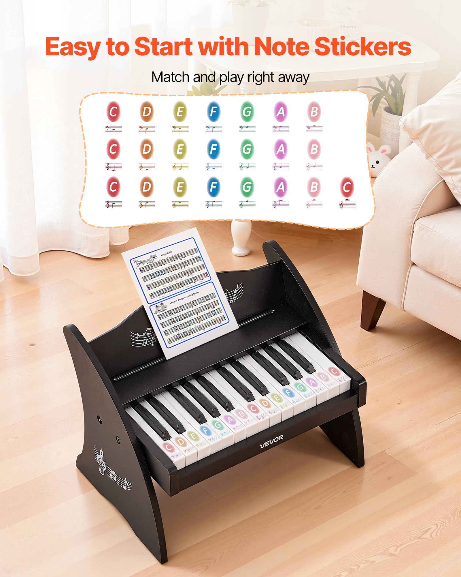VEVOR Kids Piano Keyboard, 25 Keys Wooden Digital Piano for Kids, Mini Music Educational Instrument Toy with Realistic Sound, Dual Power, Adjustable Volume for Toddlers, Boys Girls Learning, Black