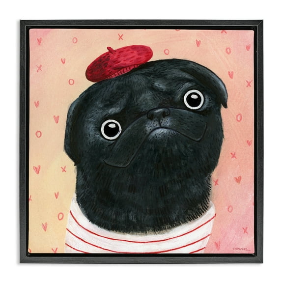 Stupell Industries Happy Pug In Paris Animals Painting Black Floater Framed Canvas Art Print Wall Art, 18 x 18
