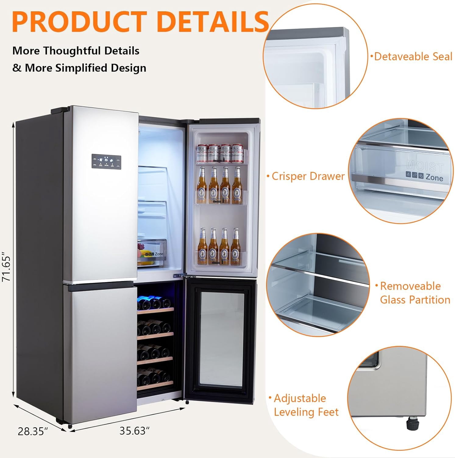 IdealHouse Stainless-Steel 4 Doors Fridges Kitchen-Freezer - 36 Inch French Door Refrigerator, 21 Cu.Ft. Counter Depth Refrigerator Bottom Freezer with Wine Cabinet,Adjustable Shelves