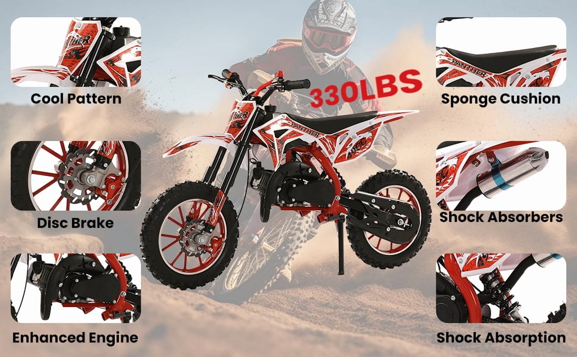 49cc 2-Stroke Kids Dirt Bike - 40KM/H Gas Powered Off-Road Motorcycle with Front/Rear Disc Brakes (Red)