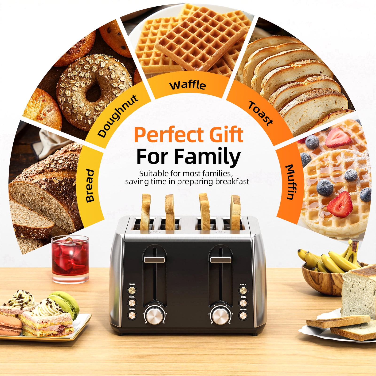 Auseo 4 Slice Toaster, 4 Slice Toaster Wide Solt with 6 Shade Settings, Dual Independent Controls, Bagel, Cancel, Defrost Functions, Removable Tray, Kitchen Appliances