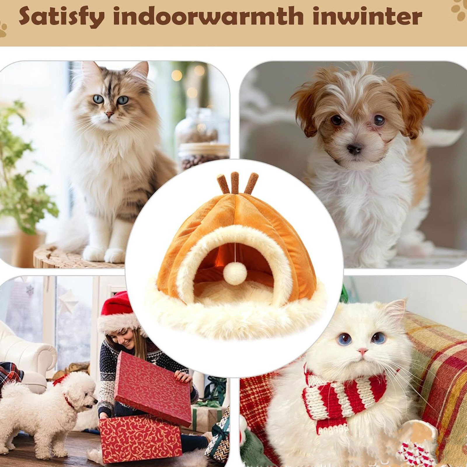 Neutral Upgraded Calming Pet Bed - Fluffy Plush Anti-Anxiety Cuddler Bed for Cats & Dogs, Warm Winter Snuggle Bed with Removable Cushion