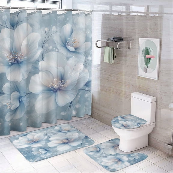 White Flowers Shower Curtain Sets with Rugs 4 Piece Non-Slip Rugs And Toilet Mat Lid Rug Accessories Flower Decorative Durable And Waterproof for Bathtub Decor