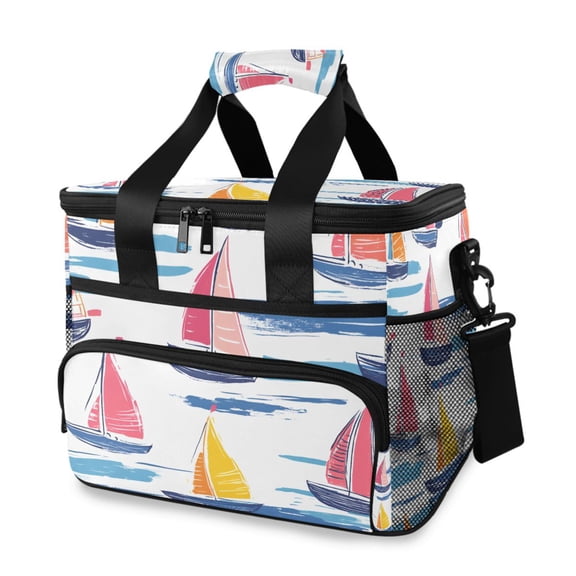 FORMRS Insulated Cooler Bag 24 Cans Capacity Soft Leakproof Lunch Box with Side Pockets, Pink Hand Drawn Sailboats