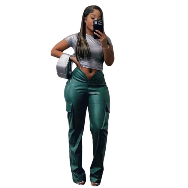 Pantalones casuales de cuero Pantalones de bolsillo 3D de moda europea y americana Pantalones elásticos de escote en V profundo