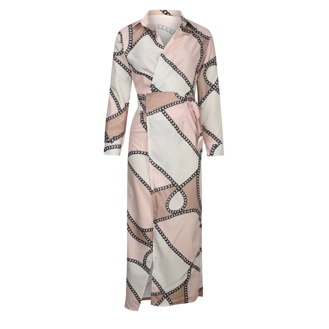 Robe Chemise Maxi Décontractée à Manches Longues pour Femme, Col en V, Col Chemise, Mode, Imprimé Vintage, Fente, Laçage, Longueur Taille, Longue Robe
