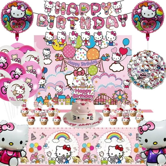 Cartoon Hello Kitty Theme Cat Birthday Party Supplies for Kids - Kawaii Birthday Decorations Set with Banners, Backdrops, Tableware, Stickers, Balloons, and Cake Toppers