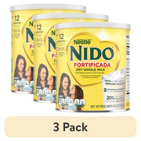 (3 pack) NIDO Fortificada Dry Whole Milk Powder with Vitamins A, C, D, Iron & Calcium, 12.6 oz Canister