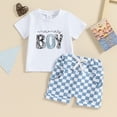 thumbnail image 2 of Bagilaanoe 2pcs Toddler Baby Boy Shorts Set Short Sleeve Letter Print T Shirt Tops + Checkerboard Shorts 6M 12M 18M 24M 3T Kids Casual Summer Clothes, 2 of 8