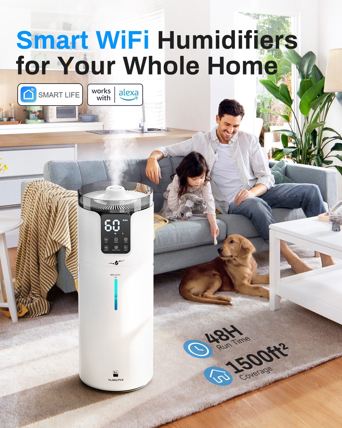 Lacidoll Smart Large Room 4.2 gal, Whole house Humidifier for Home 1500 sq.ft , Ultrasonic Cool Mist Humidifiers for Bedroom with App & Alex Control, White