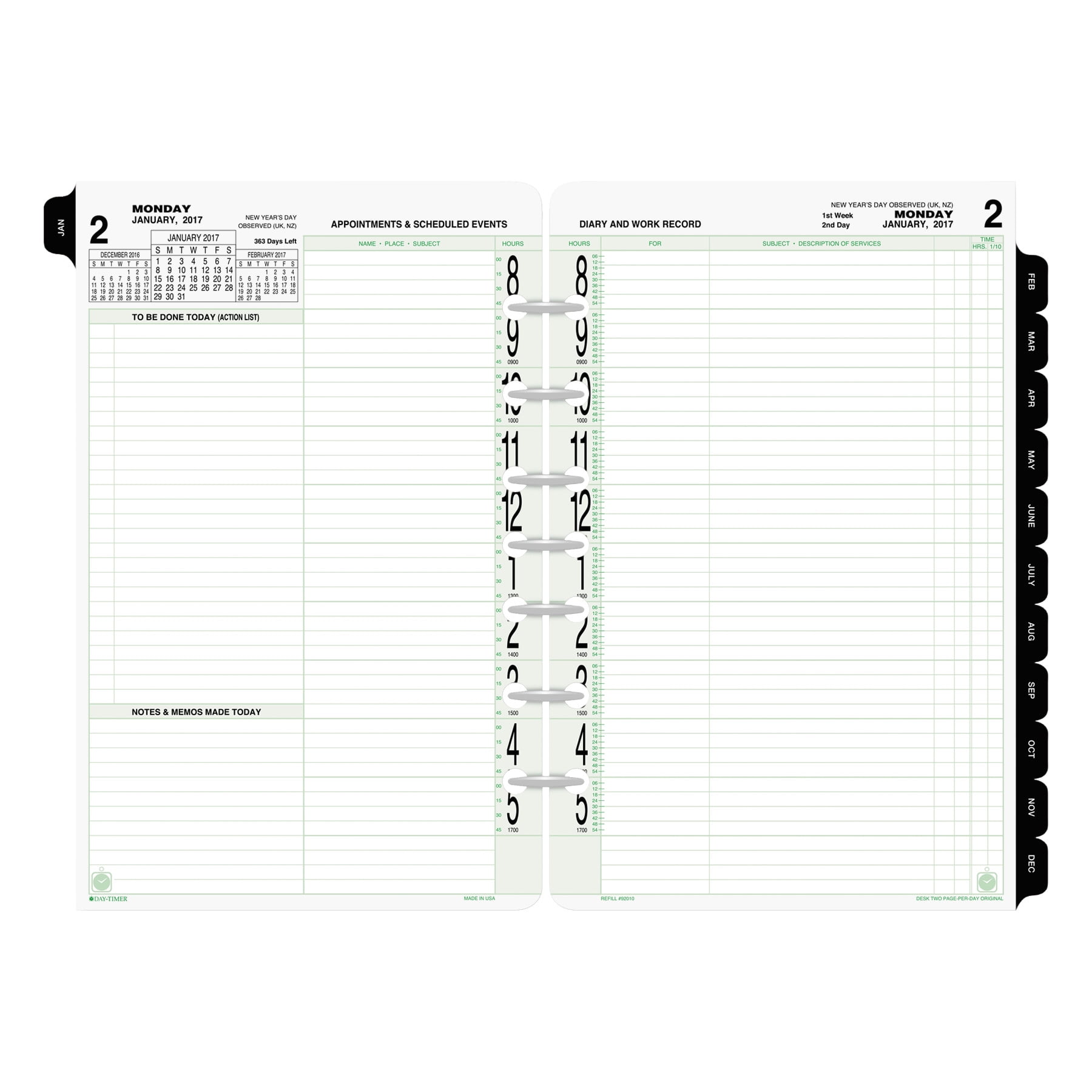 day-timer-original-two-page-per-day-refill-5-1-2-x-8-1-2-white-green
