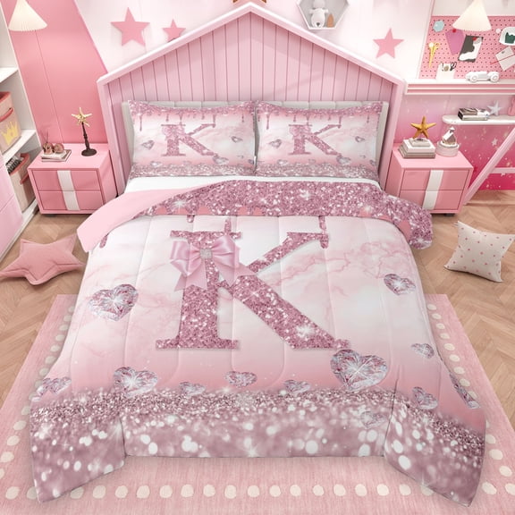 Homewish Bling Monogrammed K Bedding Comforter Set for Girl, Pink Fashion Watercolor Marble Twin Comforter Sets, Chic Sequin Print Reversible Bedding Set, Breathable Home Decor, 2pcs