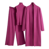 EINCcm Women's 3 Piece Knit Lounge Set Long Sleeve Cardigan Sleeveless Turtleneck Tank Top and Wide Leg Pants Matching Set