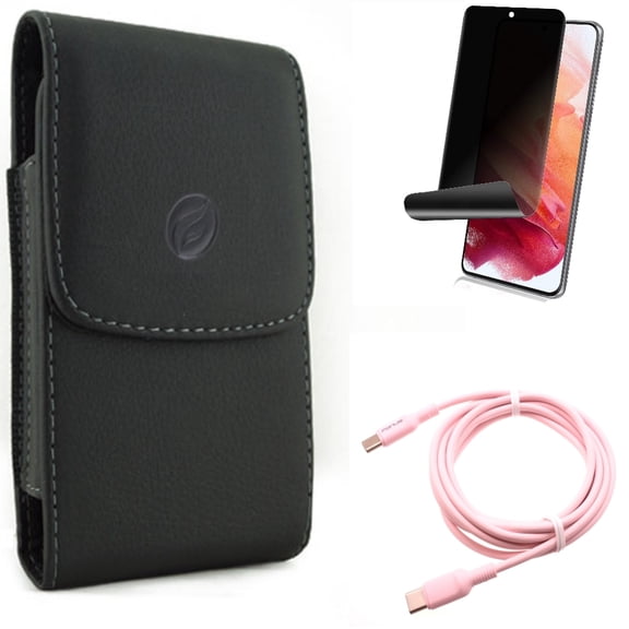 Case Belt Clip & Privacy Screen Protector & Pink 10ft Long Cable for Samsung Galaxy S22 (6.1") - Leather Holster & TPU Film Fingerprint Works & USB-C to Type-C PD Fast Charger Accessory Bundle