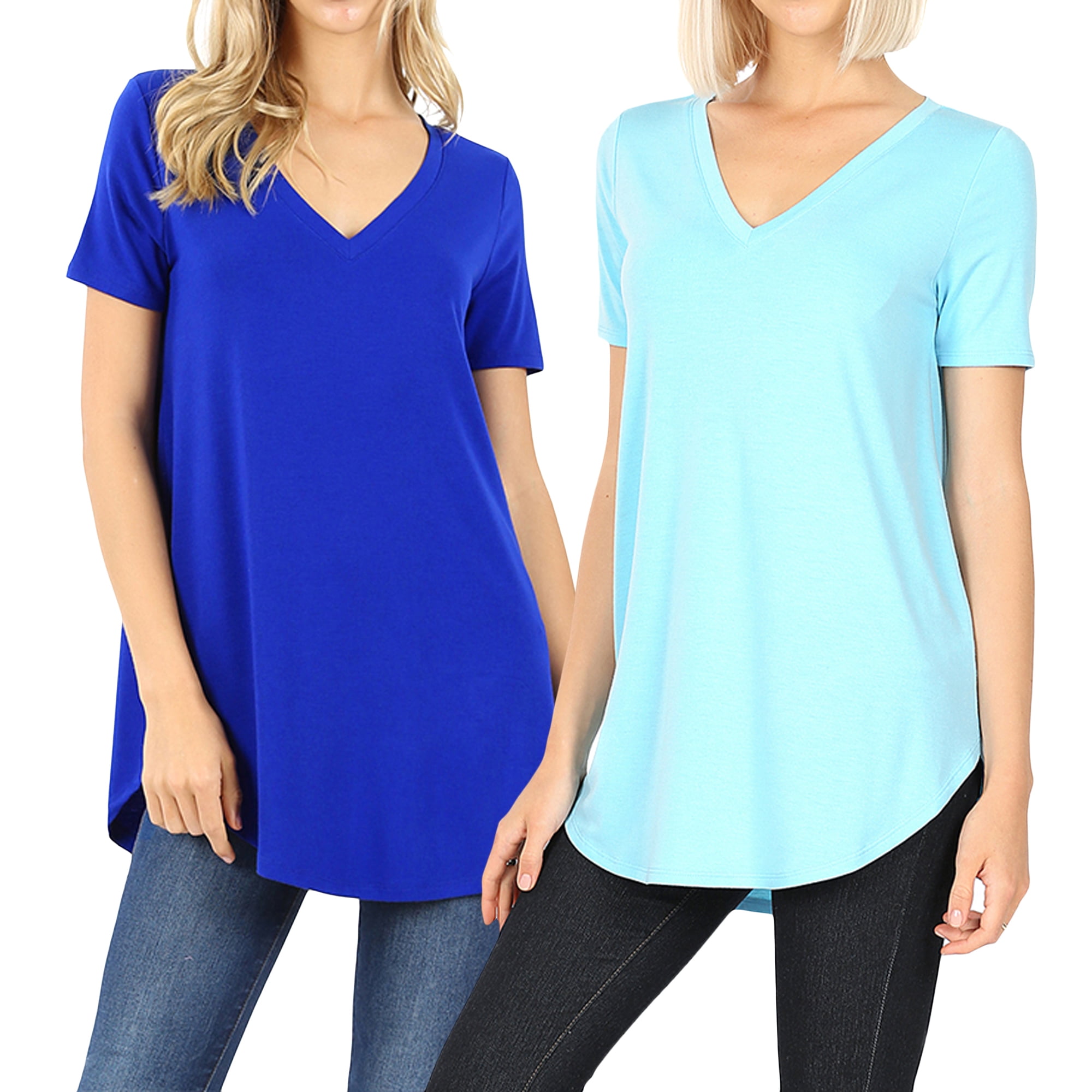 TheLovely Women Short Sleeve V Neck Round Hem Relaxed Fit Casual Tee Shirt Top (2PK DENIM