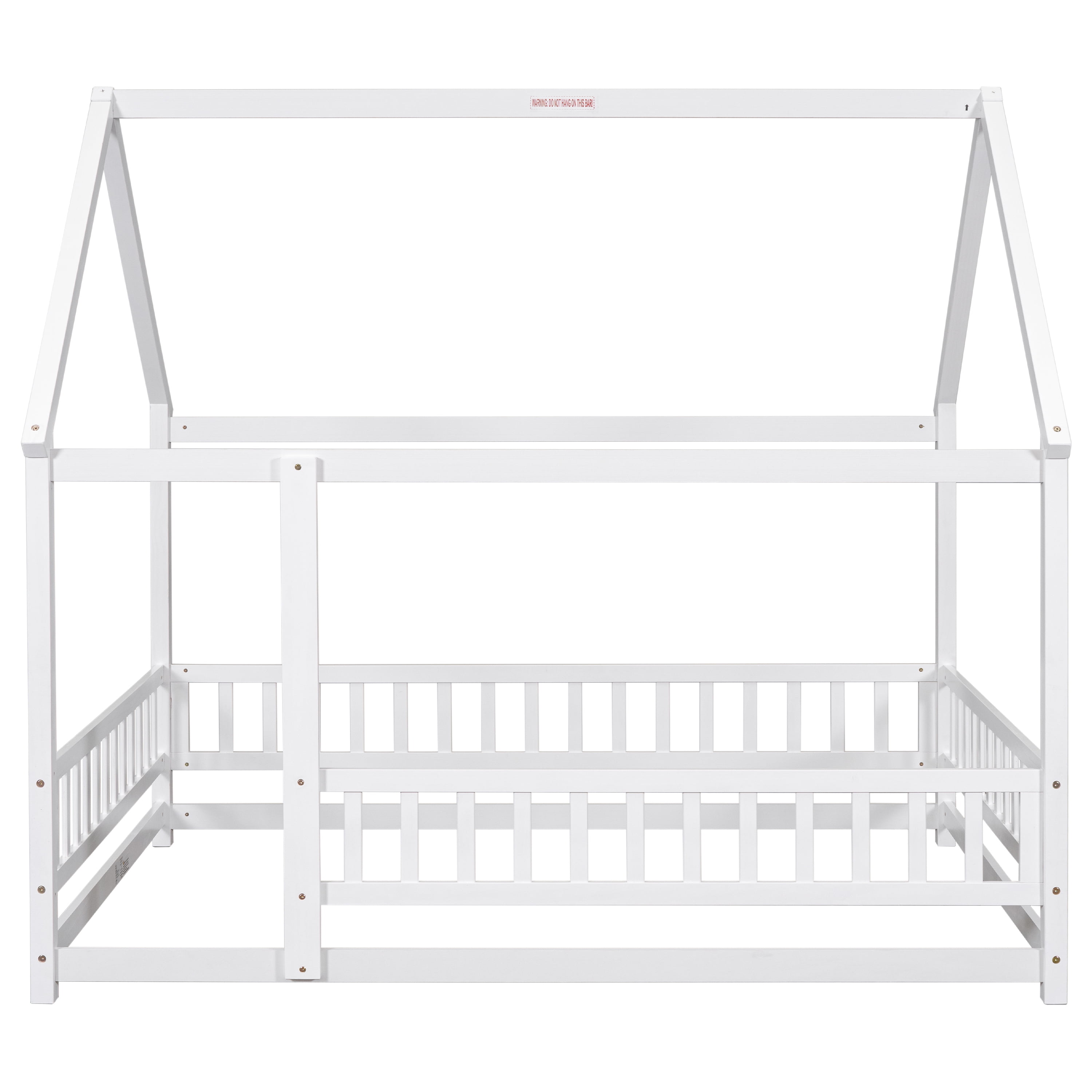 Full Size Floor Bed for Kids, House Bed Frame Playhouse Bed with Roof Frame for Kids Teens Girls Boys, Wood Full Montessori Bed Frame with Fence Guardrails, Fence Bed Playpen Bed for Toddler, White
