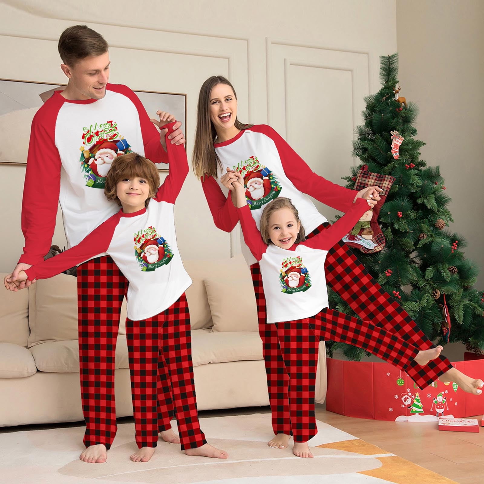 Black Santa Claus Christmas Matching Family Pajamas - Black/White Plaid