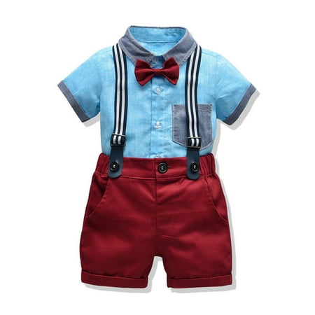 

nsendm Toddler Boys Short Sleeve T Shirt Tops Suspenders Shorts Child Kids Gentleman Outfits Summer Jacket Baby Girl Childrenscostume Blue 3-4 Years