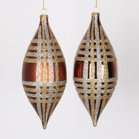Champagne Bottle Ornament 4ct Copper w/ Champagne Gold & Silver Glitter Plaid Shatterproof Christmas Finial Drop Ornaments 7