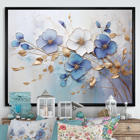Designart "Exquisite Violets In Blue And Gold Hues" Violets Floater Framed Wall Art Living Room