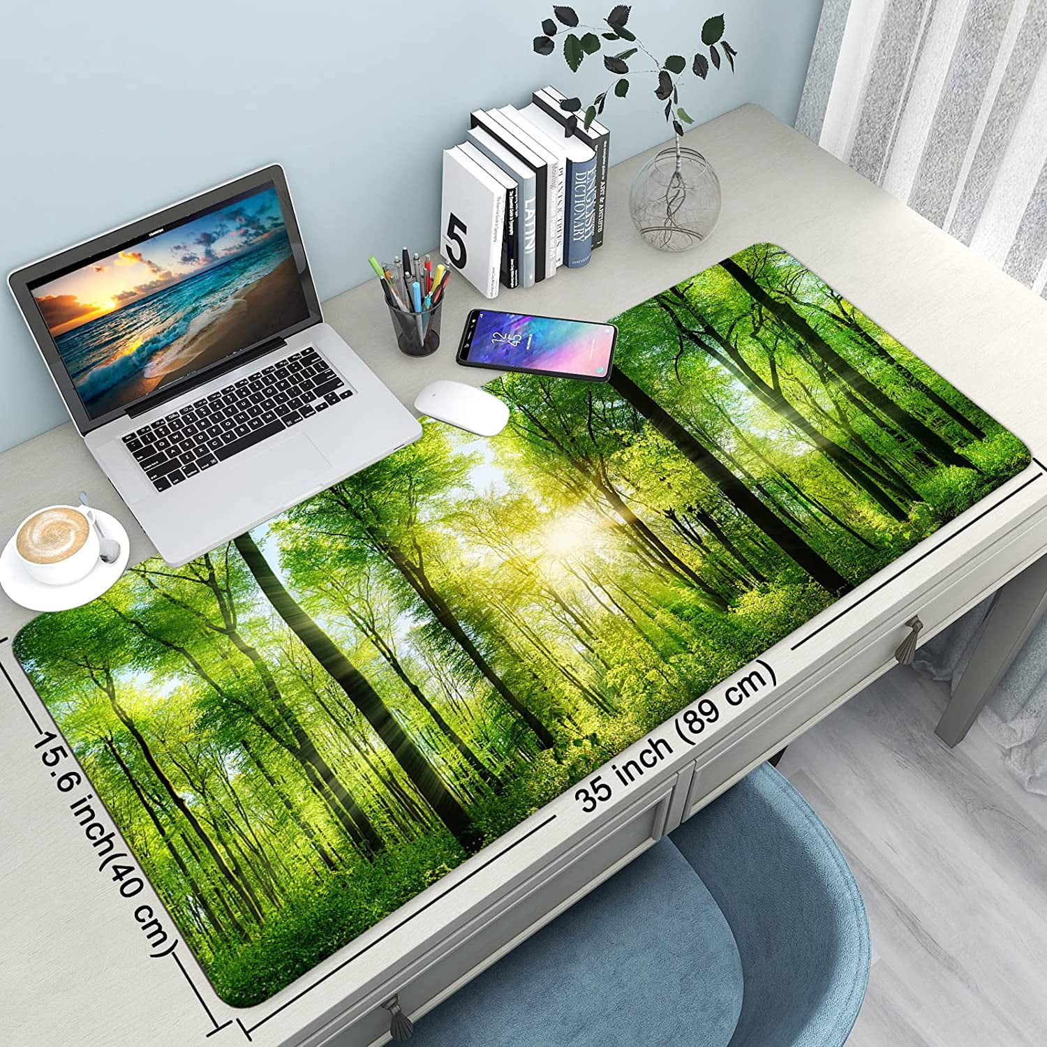 Desk Mat,Large Mouse Pad 35''×15.6'' XXL Extended Gaming Mouse Pad Mat with Non-Slip Base Stitched Eges Mousepad for Computer,Office,Keyboard and Laptop - Green Forest