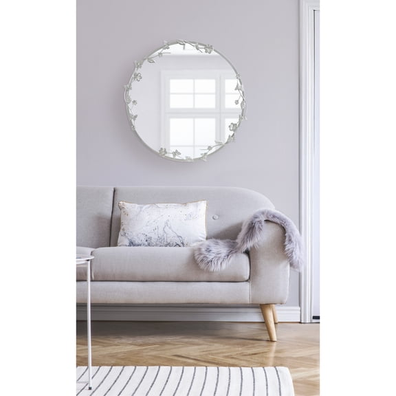 Kate and Laurel Rosella Modern Ornate Round Wall Mirror, 26 Inch Diameter, Silver, Circle Mirror with Floral Detailing for Use as Bathroom Mirror for Over Sink or Cute Kids Room Decor