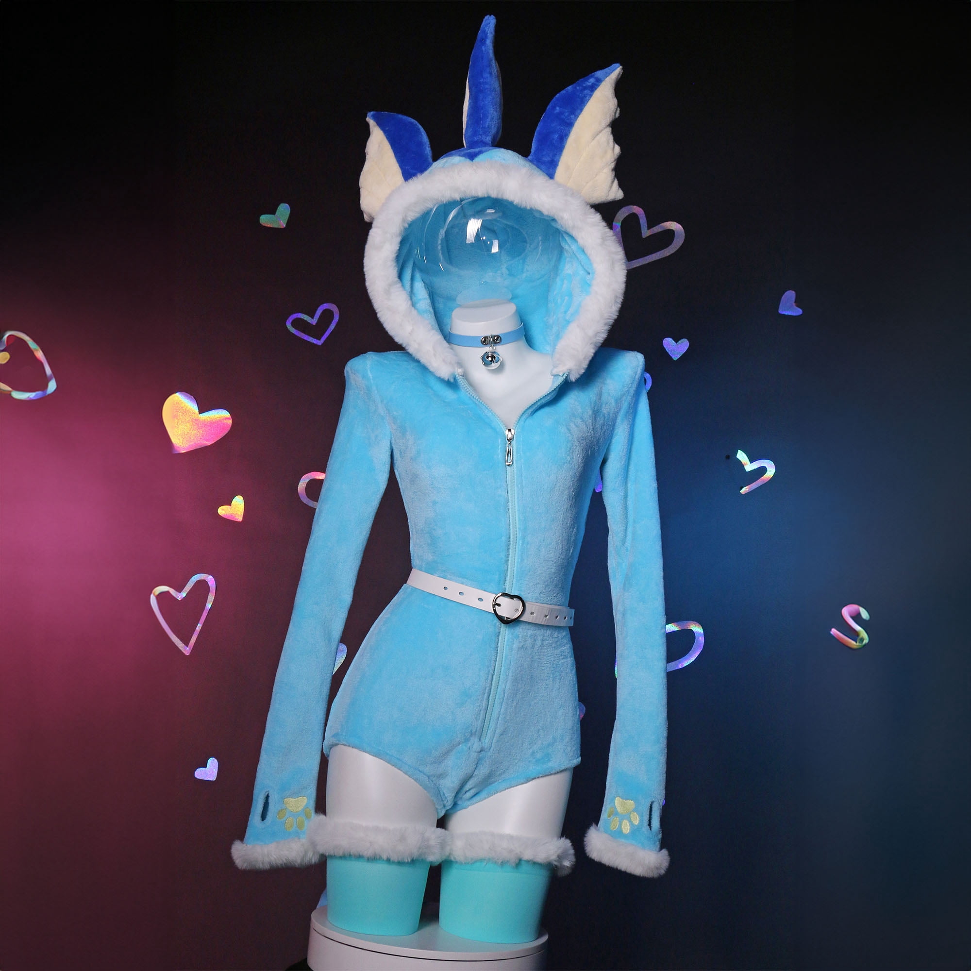 MOBBUNNY Women's PM Derivative Fluffy Bodycon Romper Sexy Lingerie Blue Furry Hooded Bodysuit Jumpsuit Homewear with Tail Belt and Socks, 3X4X