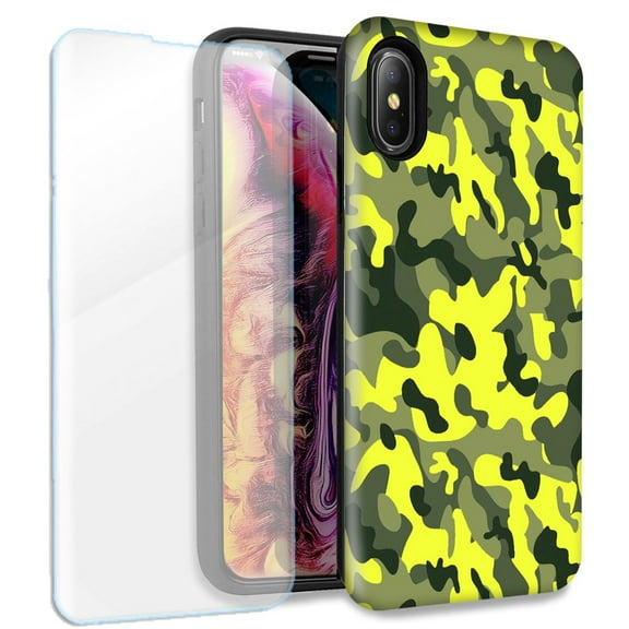Mundaze Yellow Green Camo Double Layer Case w/Glass Screen Protector For Apple iPhone XR