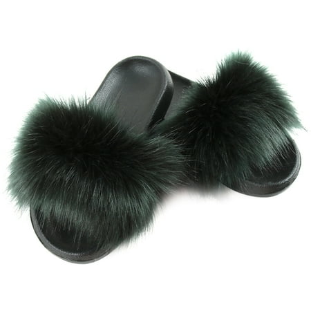 

Coxeer Women Furry Slippers Fashion Anti-skid Faux Fox Fur Slippers Fluffy Sandals