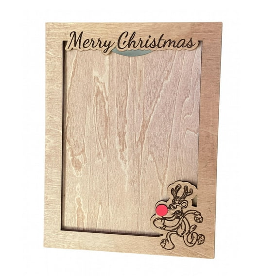 Rustic Wooden Christmas Picture Frame with Reindeer Design, 5x7 Inch, Wall Mount and Stand Included