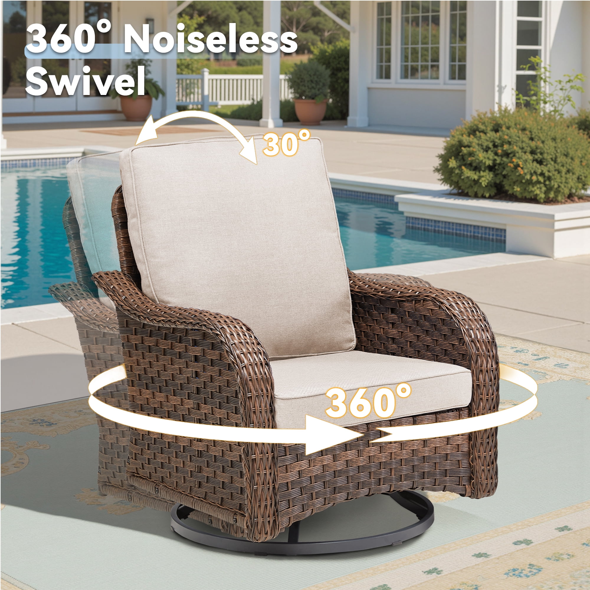 Lumiinofami Patio Wicker Furniture Set of 6, Outdoor Swivel Rocking Chairs and Ottomans Set with Beige Cushions for Porch Garden Balcony