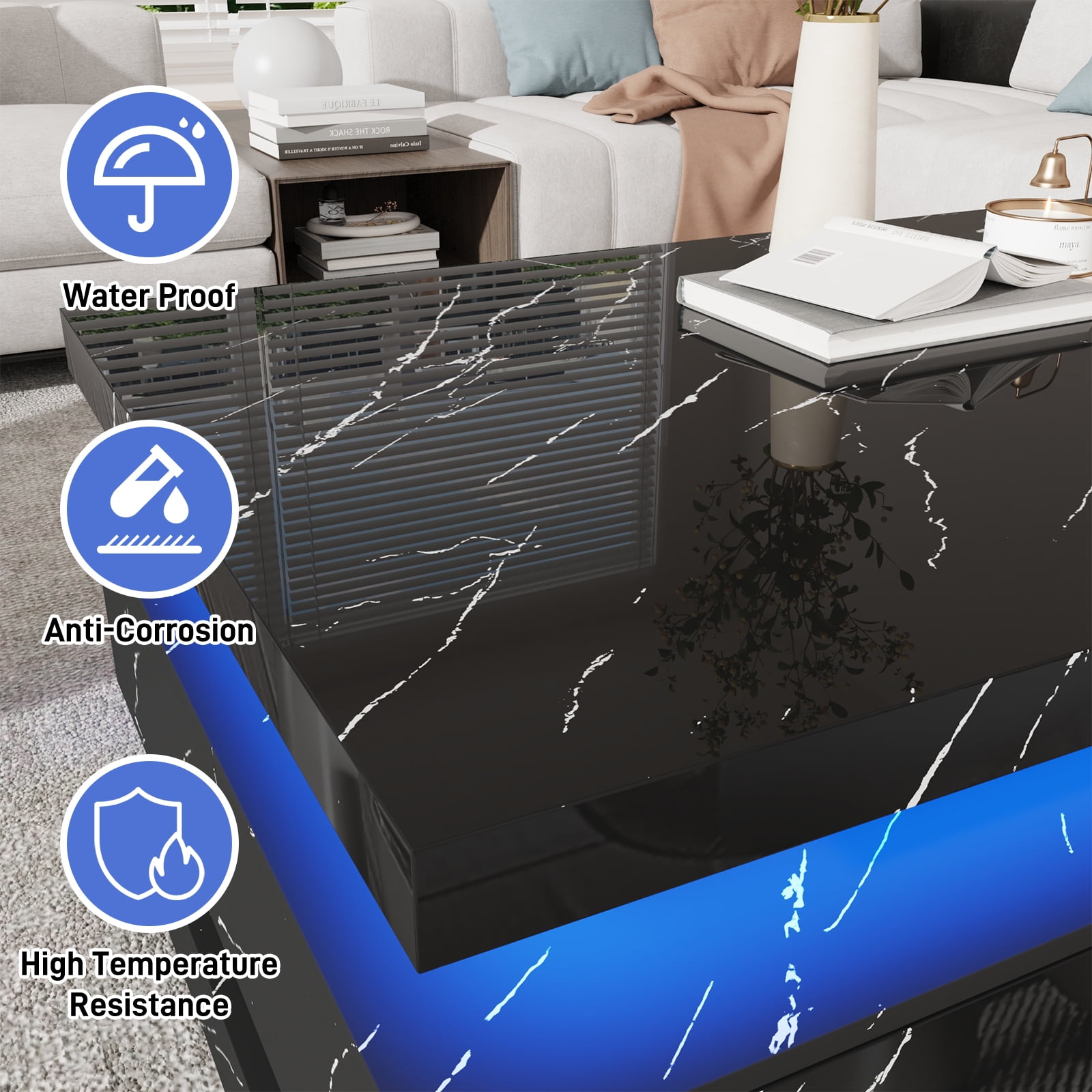 ChVans 47'' LED Coffee Table with 2 Storage Drawers, Modern High Gloss Black Coffee Table with Marbling Print, 3-Tier Rectangle Center Table for Living Room, APP Control