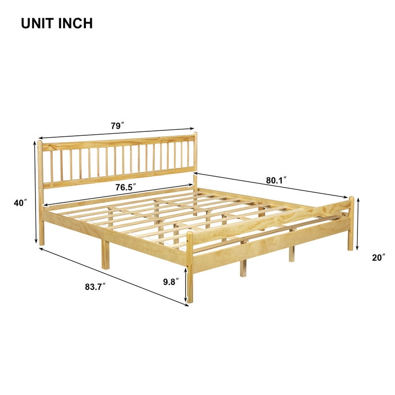 King Size Traditional Style Low Profile Platform Bed with Headboard and Footboard, Wood Bed Frame with Rounded Bedpost