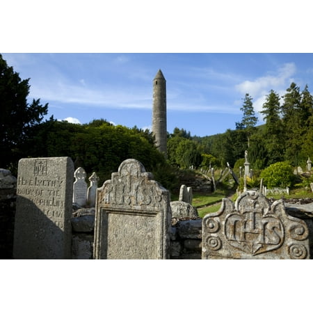 Round Tower and Graveyard in Glendalough Early Monastic Site County Wicklow Ireland Stretched Canvas - George Munday  Design Pics (19 x