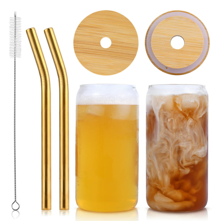 UPTRUST Drinking Glasses with Bamboo Lids and Glass Straw 2pcs Set